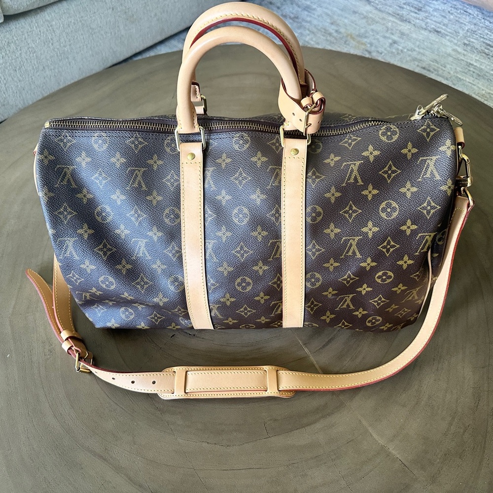 Vintage Louis Vuitton Monogram Keepall 35 Canvas Revamped Tan Vachetta Leather